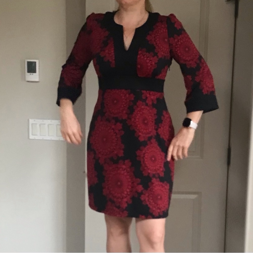 NWT INC dress small petite red ornaments on black background